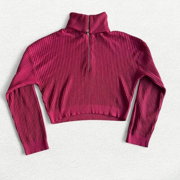 Cotton On Magenta Zip Up Cropped Ribbed Sweater - Picture 2 of 8
